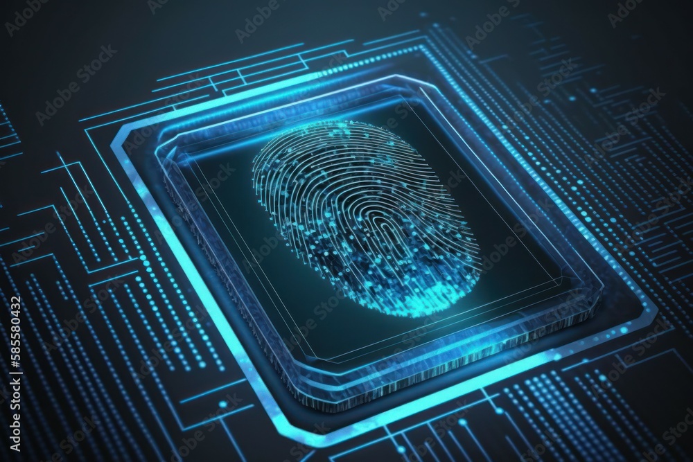 Poster digital biometri, security identify by fingerprint concept. scanning system fingerprint. ai generate