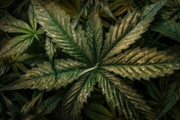 Naklejka na ściany i meble Cannabis Sativa Leaves On Dark. Medical Legal Marijuana. AI generated, human enhanced.