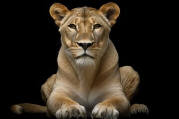 Beautiful lioness close-up, studio shot. AI generated, human enhanced - obrazy, fototapety, plakaty