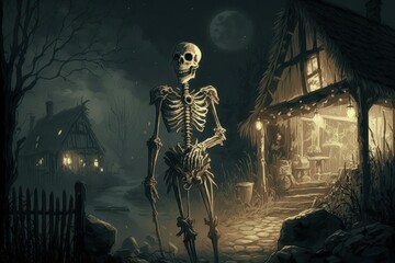 Symbolic skeleton, abstract funny horror story. Halloween concept. AI generated, human enhanced