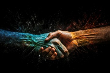 Obraz na płótnie Canvas Visualization of virtual shaking hands. Handshake deal symbol. Business concept. AI generated, human enhanced