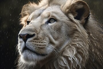 Wet lion in the rain close-up. AI generated, human enhanced