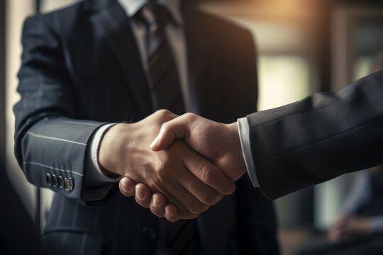 Two businessmen shake hands. Handshake deal symbol. Business concept. Contract signing. AI generated, human enhanced