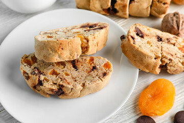 Delicious biscotti cookies on board, closeup