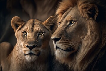 A lion and a lioness side by side - obrazy, fototapety, plakaty