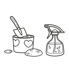 Pot of soil, spatula and a spray bottle for watering linear drawing isolated on white background