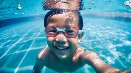 Naklejka premium Asian child underwater in a swimming pool with swimming goggles. Generative AI