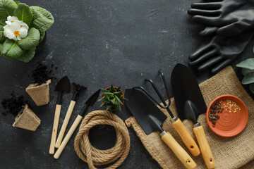 gardening tools on dark wooden background with space for text top view