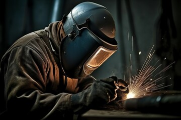 Worker or welder in the metallurgical industry performing welding in his workshop. AI generated, human enhanced. - obrazy, fototapety, plakaty