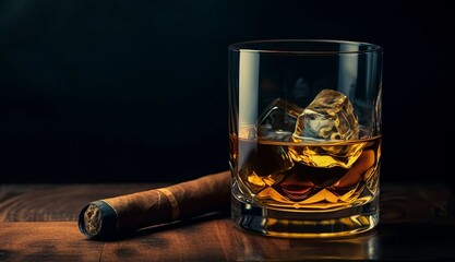 Glass of whiskey with ice on wooden table, steaming cuban cigar and bottle of whiskey. AI generated, human enhanced - obrazy, fototapety, plakaty