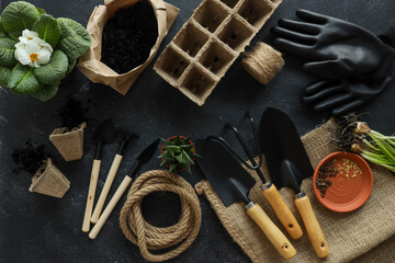 Fototapeta na wymiar Set of gardening tools on a black background
