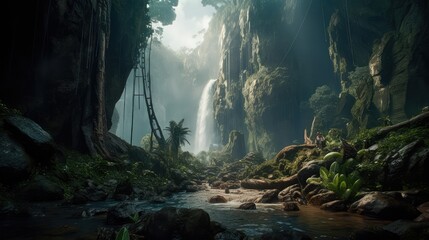 A fantastic scene with wild waterfalls in a dense jungle. A mysterious world where the atmosphere of adventure and wild nature reigns. Generative AI