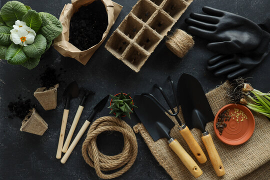 Set of gardening tools on a black background