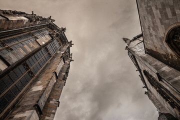 Aachen Cathedral seen from below. Aachen Cathedral, or Aachener Dom, is the main landmark of Aachen and a catholic church in Germany.