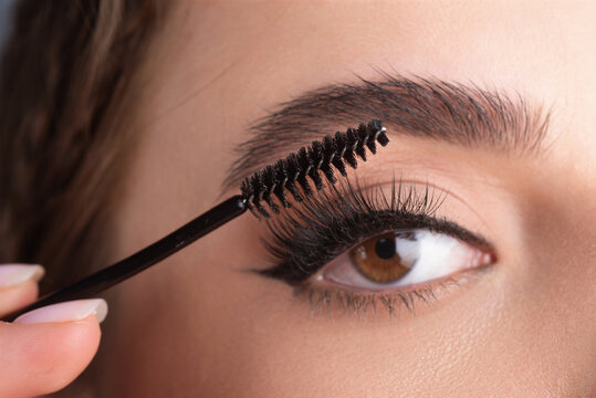 Closeup eyebrows with eyebrow brush. Close up brows, eyebrows lamination. Brow procedures. Long eyelashes, eyebrows, macro.