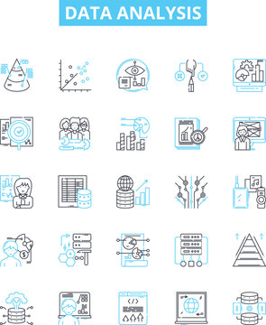 Data analysis vector line icons set. Analytics, Mining, Exploration, Modeling, Visualization, Inference, Statistics illustration outline concept symbols and signs