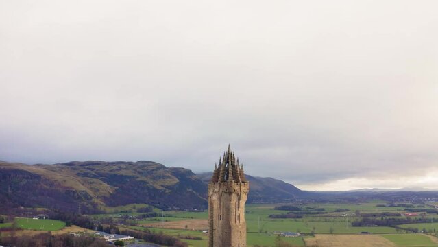 Drone view of Wallace Monument in Stirling, Scotland, United Kingdom.