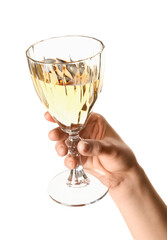 Female hand holding glass of wine isolated on white background