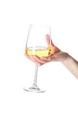 Female hand holding glass of wine isolated on white background