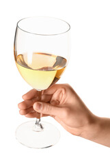 Female hand holding glass of wine isolated on white background