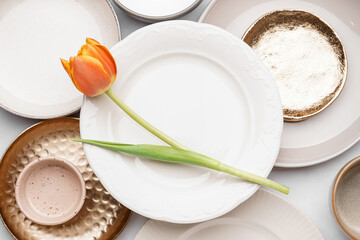 Composition with different clean dishes and tulip flower on white background