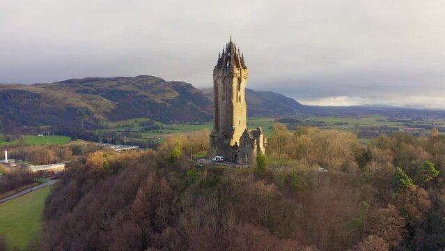 Drone view of Wallace Monument in Stirling, Scotland, United Kingdom.