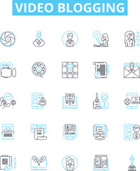 Video blogging vector line icons set. Vlogging, Videoblogging, Video-Blogging, Blogging, Videos, Stream, Youtubing illustration outline concept symbols and signs