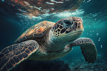 Sea Turtle Swimming in the Sea. Generative AI	

