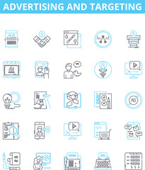 Advertising and targeting vector line icons set. Advertising, Targeting, Promotion, Campaign, Market, Demographics, Reaching illustration outline concept symbols and signs