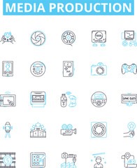 Media production vector line icons set. Filming, Animation, Editing, Post-Production, Photoshoots, Direction, Casting illustration outline concept symbols and signs