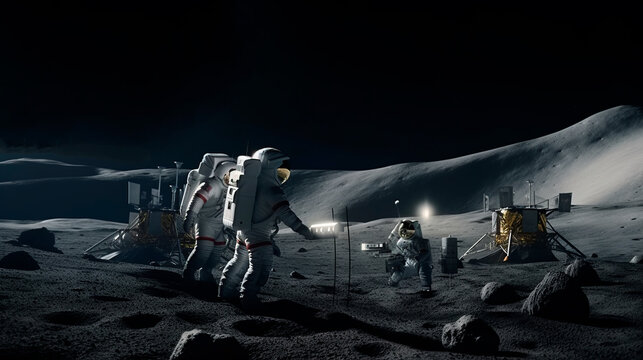 astronauts bulding a space research investigation moon station, space exploration and human colonization