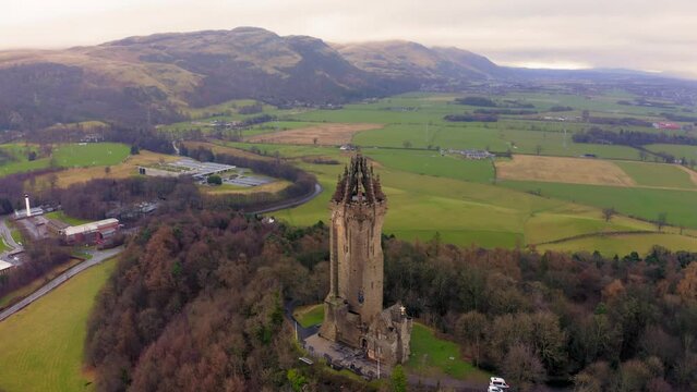 Drone view of Wallace Monument in Stirling, Scotland, United Kingdom.