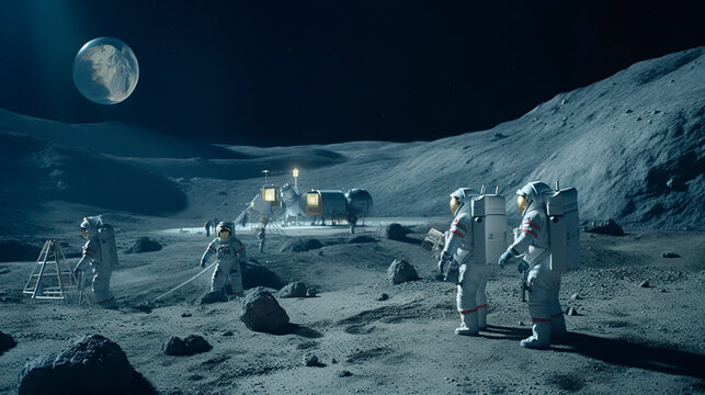 astronauts bulding a space research investigation moon station, space exploration and human colonization