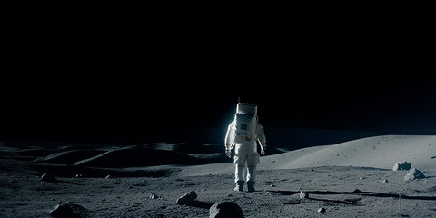 astronaut walking alone on the moon, space exploration of humanity, black sky, AI generated