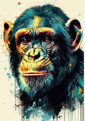Chimp pop art poster. Dramatic Risoprint in limited palette. Generative AI