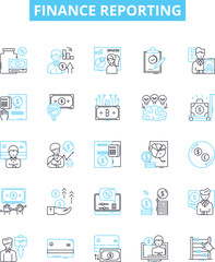 Finance reporting vector line icons set. Accounting, Budgeting, Forecasting, Assets, Liabilities, Profitability, Cash-flow illustration outline concept symbols and signs