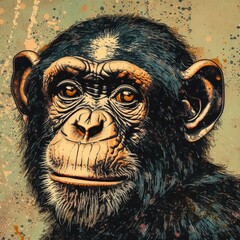 Chimp pop art poster. Dramatic Risoprint in limited palette. Generative AI