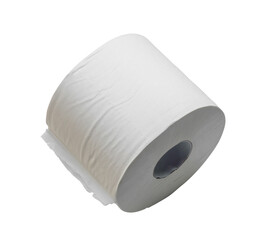 Close up photo of single roll of white tissue paper or napkin prepared for use in toilet or restroom isolated on white background with clipping path in png format