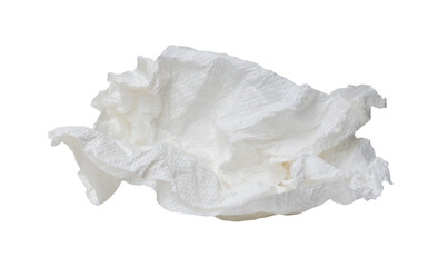 Single screwed or crumpled tissue paper or napkin in strange shape after use in toilet or restroom isolated on white background with clipping path in png format
