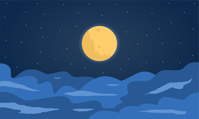 Vector night sky clouds. Moonlight. Background design. Flat style