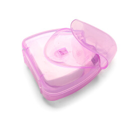 Case with pink dental floss isolated on white background