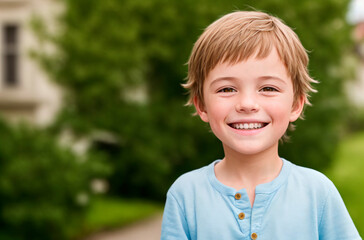 Little positive boy. Portrait of happy kid with smile on face. Generative AI.