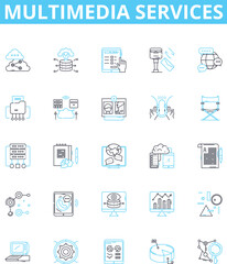 multimedia services vector line icons set. Multimedia, Services, Audio, Video, Animation, Messaging, Streaming illustration outline concept symbols and signs