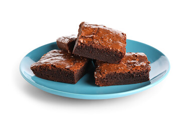 Plate with pieces of tasty chocolate brownie isolated on white background