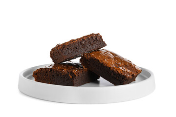 Plate with pieces of tasty chocolate brownie isolated on white background