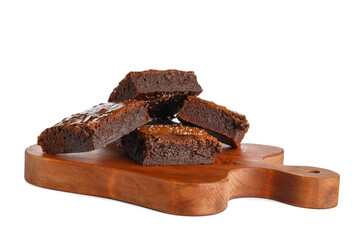 Wooden board with pieces of tasty chocolate brownie isolated on white background