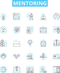 Mentoring vector line icons set. Counseling, advising, tutoring, guiding, coaching, support, teaching illustration outline concept symbols and signs