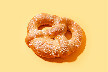 Tasty pretzel with sesame seeds on yellow background