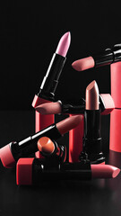 A set of lipsticks on a black background. makeup artist content.