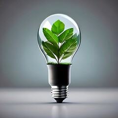 Eco light bulb with leaves and grass inside, front view concept of renewable energy and sustainable living, earth day, anamorphic lens, created with Generative AI technology